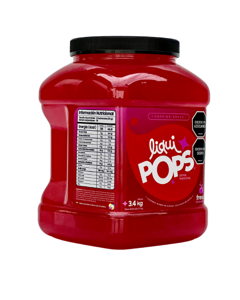 Tarro LiquiPops Fresa 3400g — perlas explosivas en almíbar, fondo blanco
